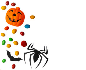 Fototapeta premium Halloween pumpkin candy assortment with colorful sweets bat and spider decoration isolated on transparent background. 