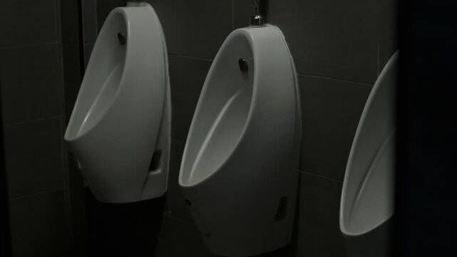 Three urinals in a dark bathroom