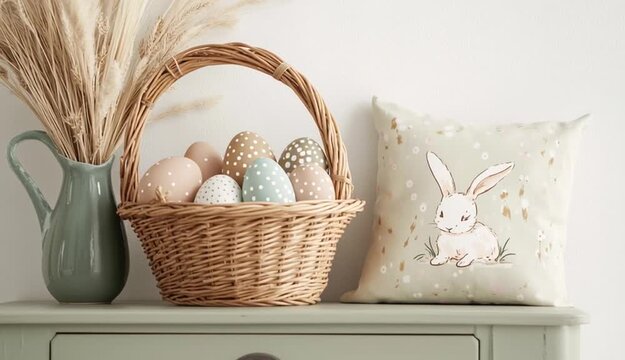 A cozy Easter-themed still life. A wicker basket filled with pastel-colored eggs, decorated with delicate white polka dots and floral patterns
