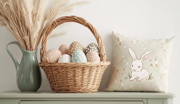 A cozy Easter-themed still life. A wicker basket filled with pastel-colored eggs, decorated with delicate white polka dots and floral patterns