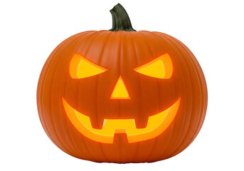 A glowing orange pumpkin, carved with a sinister face, radiates warmth against a dark background.