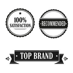 Set of three monochrome vintage badges and ribbon with text.