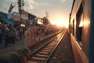 Tourist waving hand to locals while riding a train through the vibrant maeklong railway market at sunset, capturing an unforgettable travel experience in thailand's rich culture