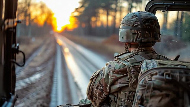 soldier  on top of armored military vehicle moving along open road
