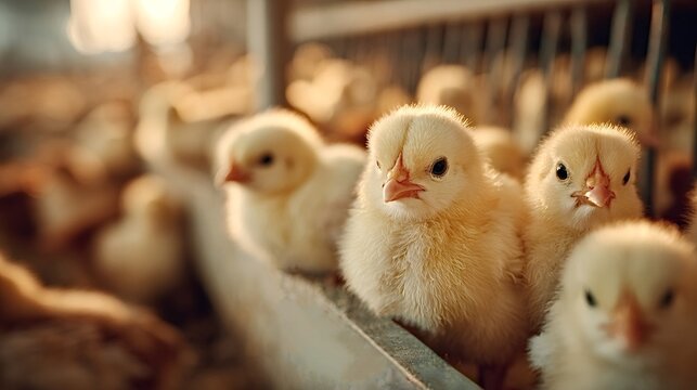 Many small yellow chicks are huddling together in a cage on a poultry farm, creating a heartwarming scene of new life and the future of the farm's egg or meat production