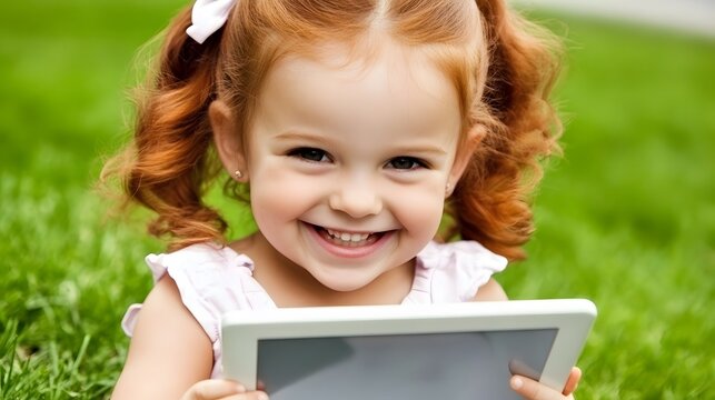 Happy Little Girl with Tablet on Grass
