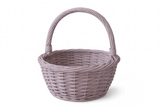 Studio shot of an empty pink wicker basket with a handle, isolated on a transparent background, ready for easter eggs or shopping