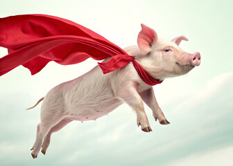 A pig wearing a red cape flying through the air with a light blue and white gradient background sky view