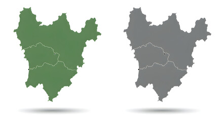 Obraz premium Detailed 3D maps of a region in green and gray with white outlines, isolated on white background