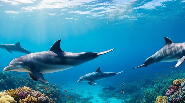 Underwater scene with dolphins swimming over a vibrant coral reef. The water is crystal clear, showcasing a diverse range of marine life and beautiful sunlight filtering through.