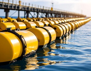Yellow buoyant tubes in a long line in water, under a pier