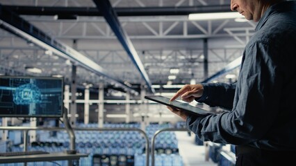 Fototapeta premium Server room employee checks data charts on tablet to monitor system health. System administrator reviews graphs to make sure data center meets business goals and client needs, camera A