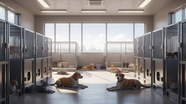 For Animal Welfare Day: dogs and cats in shelter waiting for adoption, symbol of compassion, rights and hope for better lives.