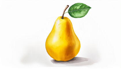 watercolor image of a yellow pear with a green leaf on