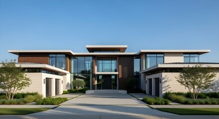 Stunning modern luxury mansion with glass and wood exterior, pristine landscaping, and clear blue sky.