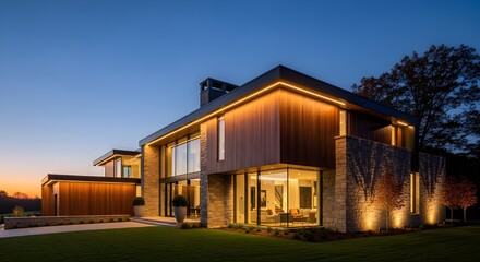 Fototapeta premium Stunning modern luxury home with elegant exterior lighting at twilight, showcasing architectural beauty