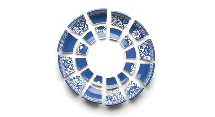Fototapeta premium Shattered blue and white patterned plate pieces arranged in a circle on white background
