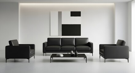Modern minimalist living room with black leather sofa, armchairs, and abstract art