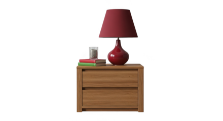 Red lamp on wooden nightstand with books isolated on transparent background
