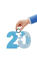 Hand completing the number 20 puzzle isolated on transparent background