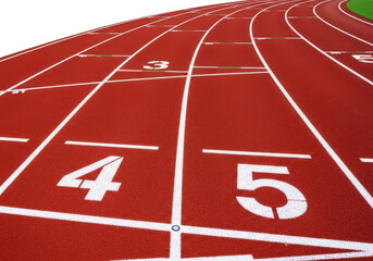 Abstract perspective of a red athletic track with numbered lanes ready for racing transparent background
