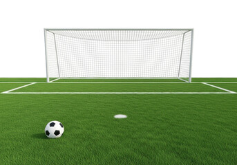 Soccer ball poised on a vibrant green field with a stadium goal in the background ready for action transparent background