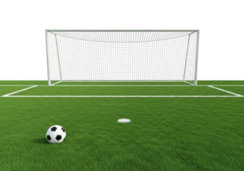 Soccer ball poised on a vibrant green field with a stadium goal in the background ready for action transparent background