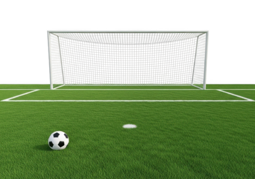 Soccer ball poised on a vibrant green field with a stadium goal in the background ready for action transparent background