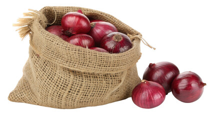 Obraz premium Burlap sack overflowing with fresh red onions and some scattered on the side isolated on transparent background