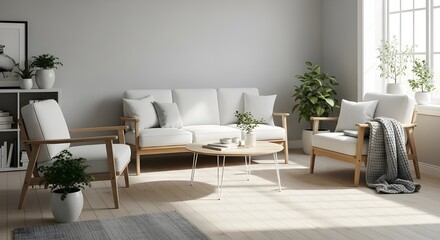 Serene Scandinavian living room with natural light, potted plants, and comfortable seating.
