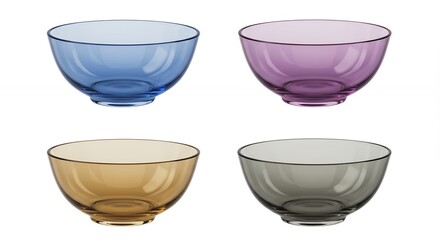 Four colorful translucent glass bowls