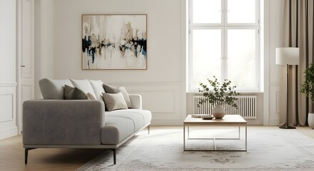 Elegant living room sanctuary featuring a modern grey sofa, abstract art, and natural light creating a serene atmosphere.