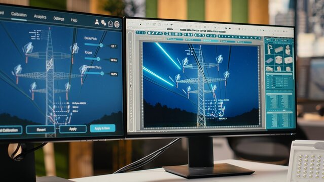 Electrical grid infrastructure data providing insights for digital energy audits and system upgrades. Analytics dashboard on office PC evaluating transmission tower efficiency metrics