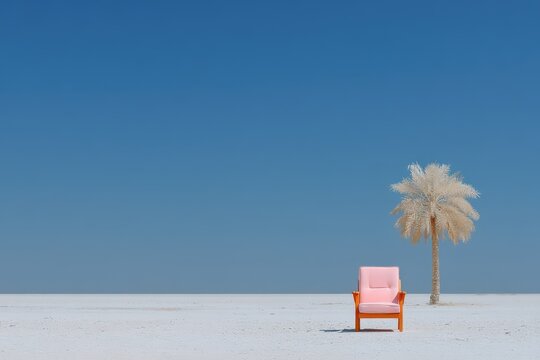 A solitary pink chair stands against a vast white landscape under a clear blue sky embodying simplistic modernism juxtaposed with natural elements creating a minimalist artistic expression