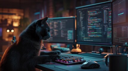 Black cat typing on keyboard surrounded by monitors with code in cozy tech workspace with moody lighting - Powered by Adobe