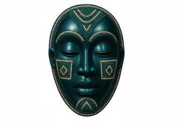 Teal african tribal mask featuring gold and green ornamental details, symbolizing cultural heritage against transparent studio backdrop