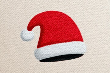 Festive red Christmas hat adorned with fluffy white trim resting elegantly on textured beige background symbolizing holiday spirit and seasonal joy captured in textile artistry