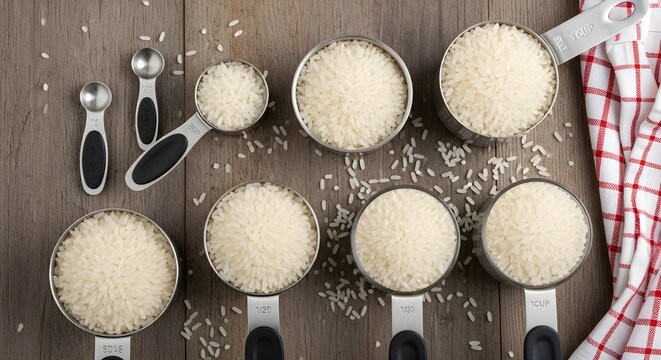Perfectly measured white rice fills stainless steel cups and spoons on rustic wood background