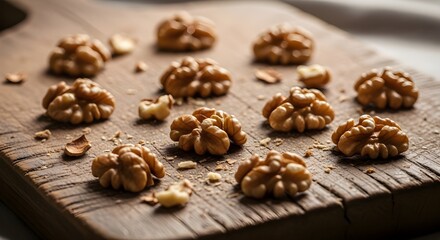 Obraz premium Fresh, natural walnuts artfully arranged on a rustic wooden board, perfect for healthy eating inspiration
