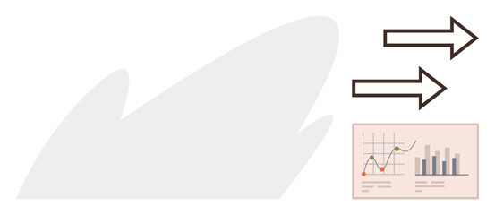 Two forward arrows next to a data chart displaying graphs and analytics. Ideal for business development, finance, goal achievement, progress tracking, strategy, marketing, and success concepts
