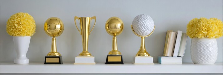Shelves Adorned With Golden Trophies and Floral Decorations in a Modern Setting