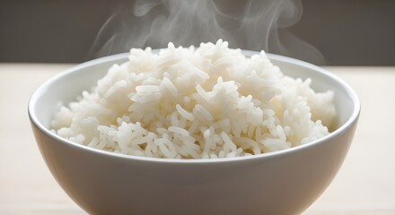 Steaming white rice served in a clean bowl, a comforting and wholesome meal staple.