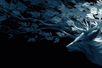 Serene silhouette of a majestic stag blending into an intricate web of flowing foliage, embodying the tranquility of nature and the interconnectedness of life in a darkened atmosphere