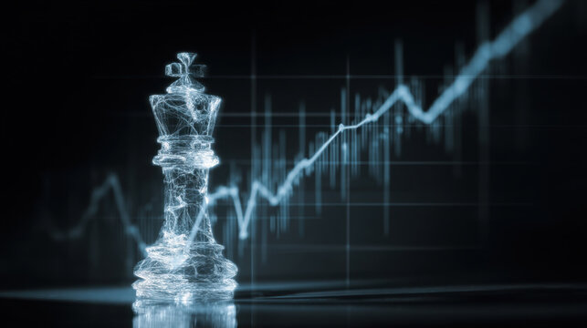 Digital representation of chess king piece stands prominently against backdrop of rising financial graph, symbolizing strategy and success investment. intricate lines of king piece convey sense