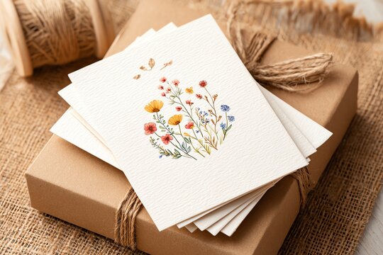 stack of greeting cards with watercolor wildflowers and meadow plants, delicate botanical style, minimal cozy aesthetic