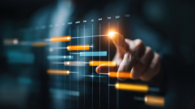 Businessman interacting with digital interface, analyzing data trends and project timelines. futuristic display features colorful bars representing various metrics and timeframes