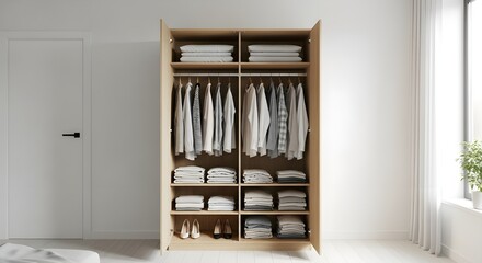 Neatly organized modern wardrobe with folded clothes and shoes, creating a sense of calm and order