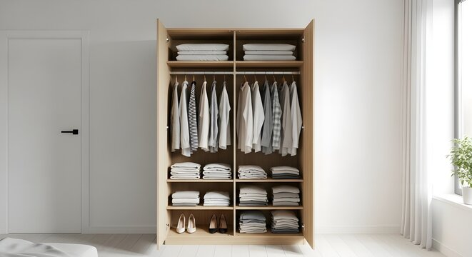 Neatly organized modern wardrobe with folded clothes and shoes, creating a sense of calm and order
