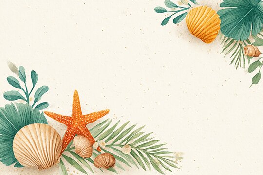 watercolor seashell and starfish border with marine plants, coastal summer frame design