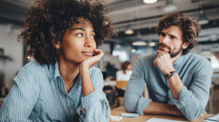 Thoughtful woman with curly hair and man with wavy hair engage in conversation in modern office setting. atmosphere is collaborative, reflecting moment of contemplation and connection